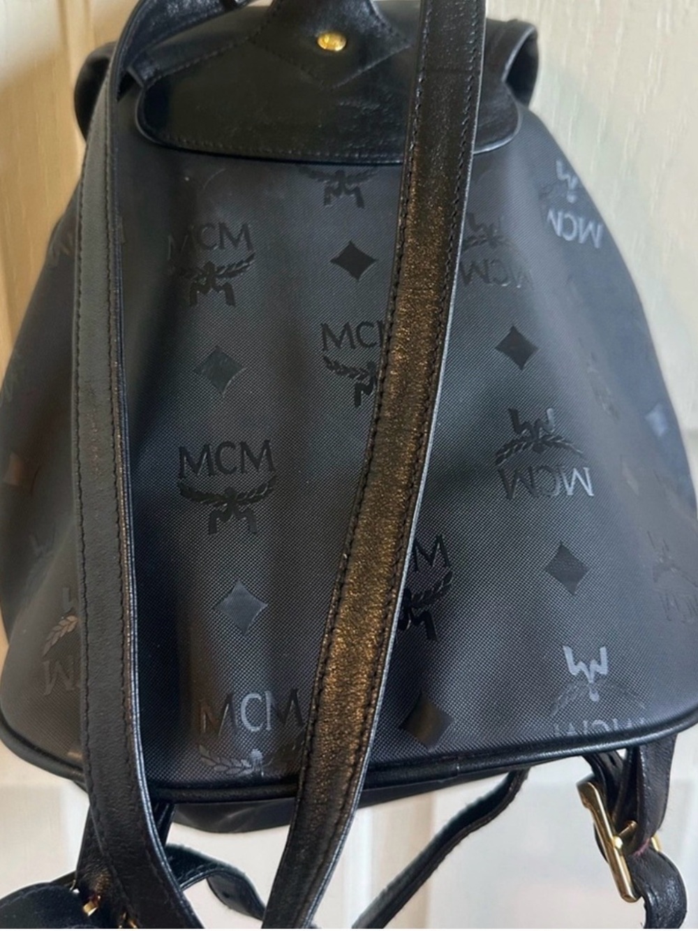 MCM Black Leather Logo Drawstring Backpack - Picture 5 of 5